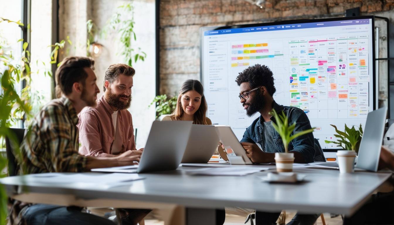 A modern office space bathed in natural light features a small team of diverse individuals gathered around a sleek conference table, engaged in a disc