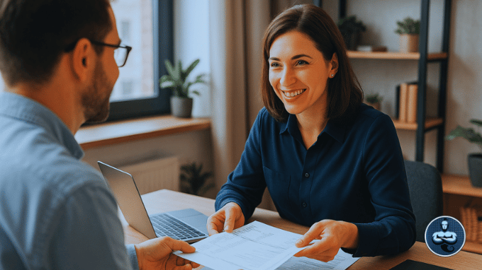 A bookkeeper interacting warmly and professionally with a client, actively collecting financial documents (like bank statements, invoices, receipts)