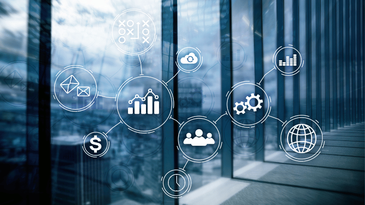 Sleek office window with icons depicting benefits, money, tools, improved efficiency
