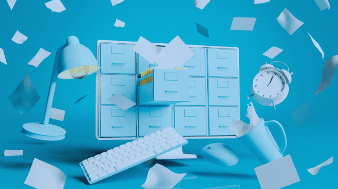 Manual document retrieval with clock and swiriling documeUsed nts around a file cabinet