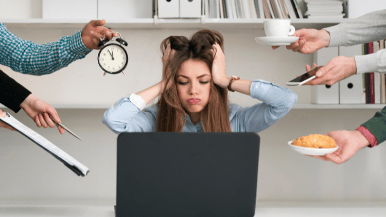 a frustrated woman with her hands on her head and outstretched arms offering a clock, pen and paper to sign, coffee, phone, croissant